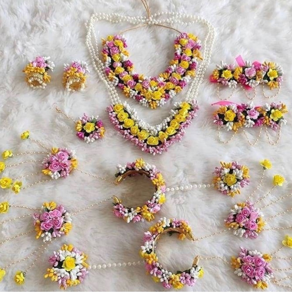 Yellow & Pink Gotta Patti Floral Jewellery Set